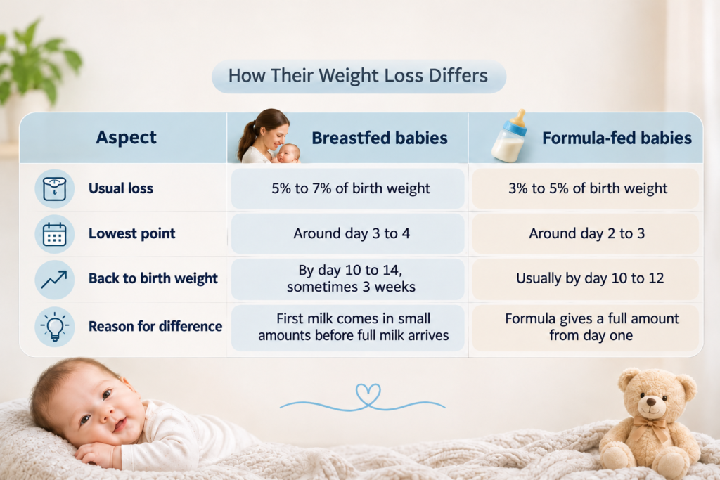 Comparison of newborn weight loss in breastfed and formula-fed babies.